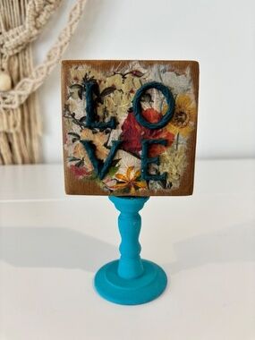 Shabby Chic Boho wooden block decor on a stand LOVE decoupage in blue floral